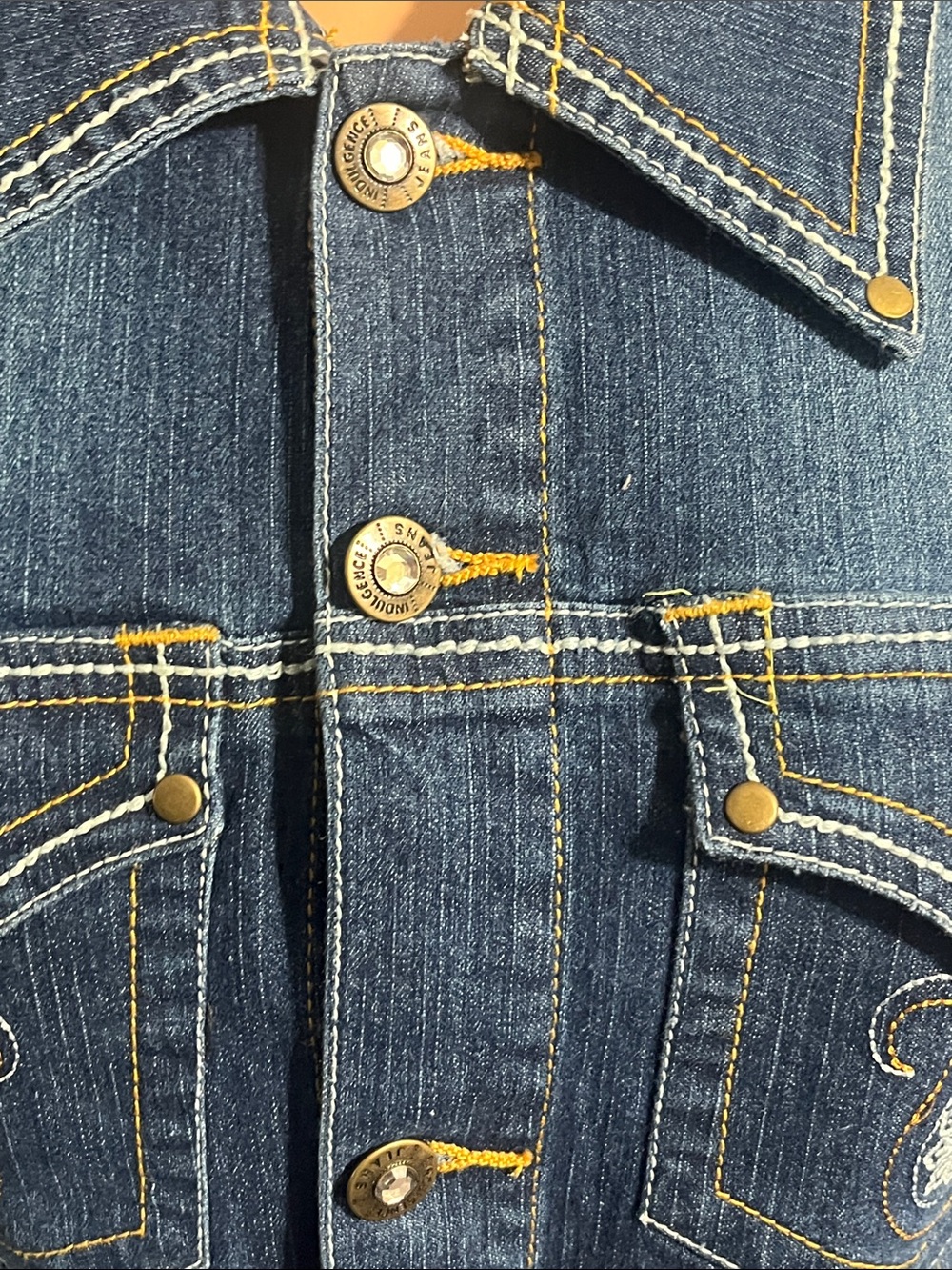 Indulgence Dark Blue Denim Jacket with Gold-Tone Logo Button - Picture 5 of 15